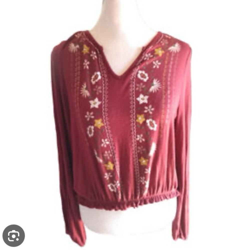 Red and Gold Embroidered Long Sleeve Blouse